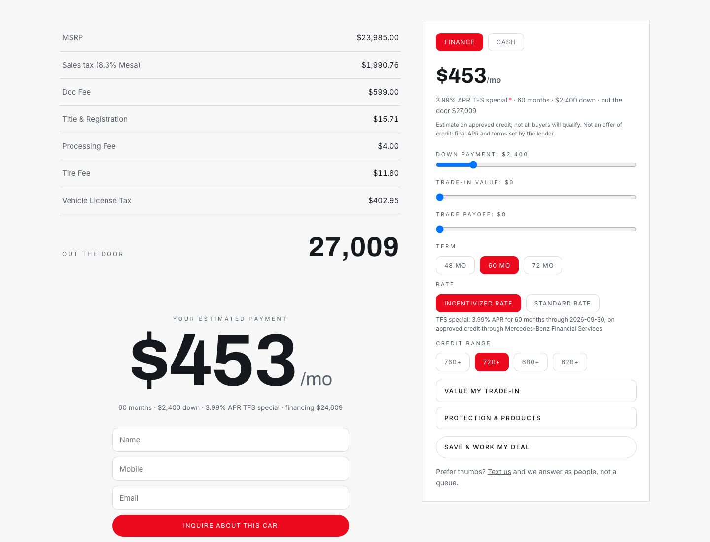The Rateous deal sheet on the Toyota demonstration store