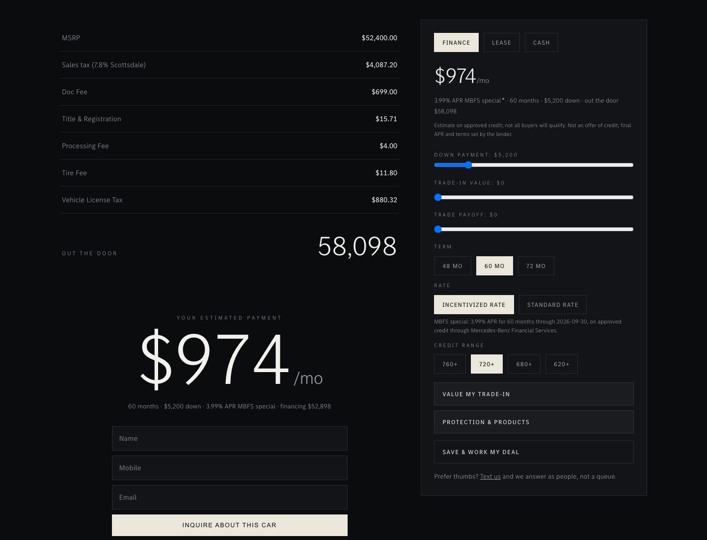 A Rateous deal sheet on a Spark Noir Creative dealer site: the out-the-door price itemized beside a real monthly payment